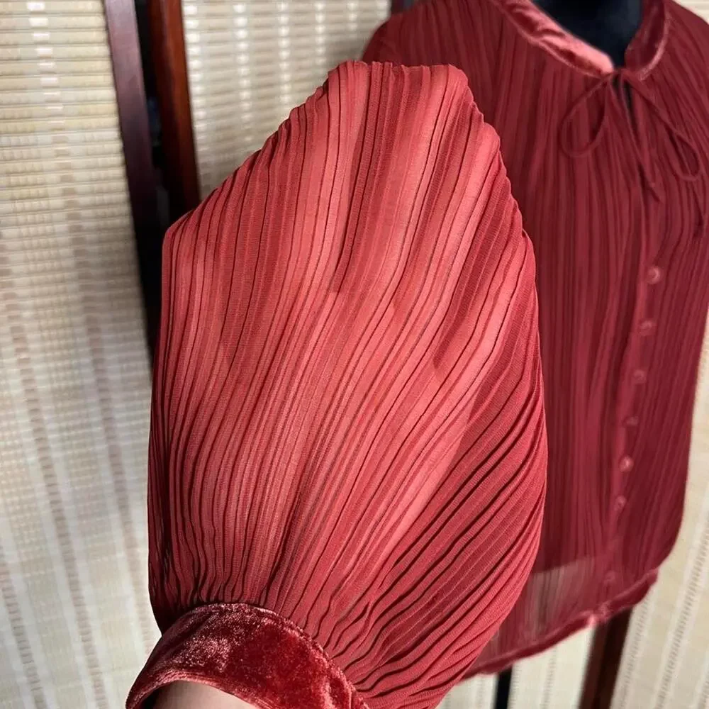 Free People Velvet Trim Pleated Blouse Top Brick Red Size L